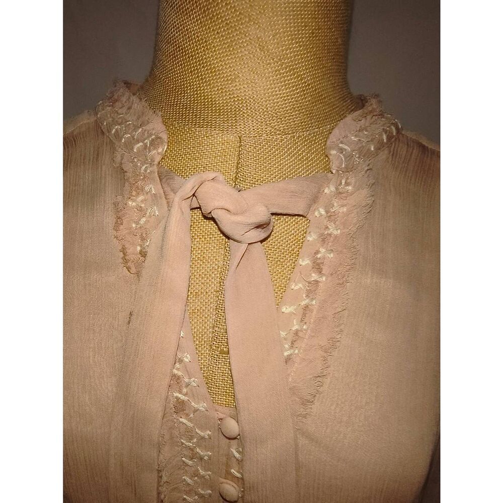 Sundance Viscose Buttons Crinkle Neck Tie Blouse Top Blush Pink Womens Size Larg